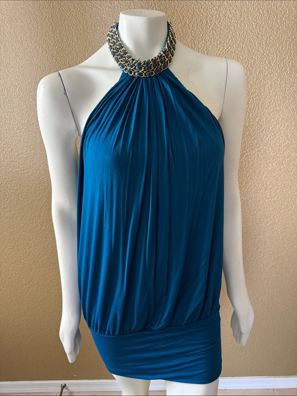 Chain-Neck Teal Halter Mini Dress